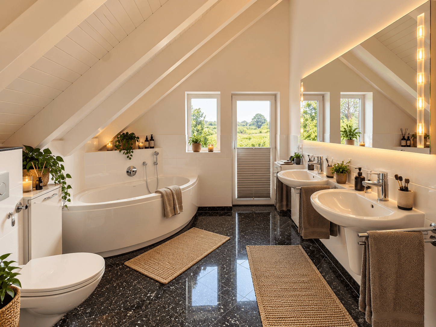 Badezimmer mit Badewanne und Doppelwaschtisch
