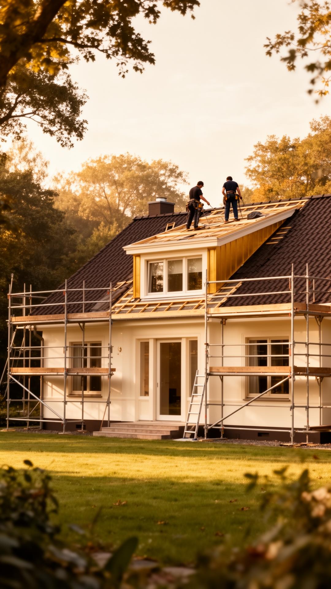 Einstöckiges Einfamilienhaus auf parkähnlichem Grundstück mit Gerüst und zwei Dachdeckern beim Dachausbau