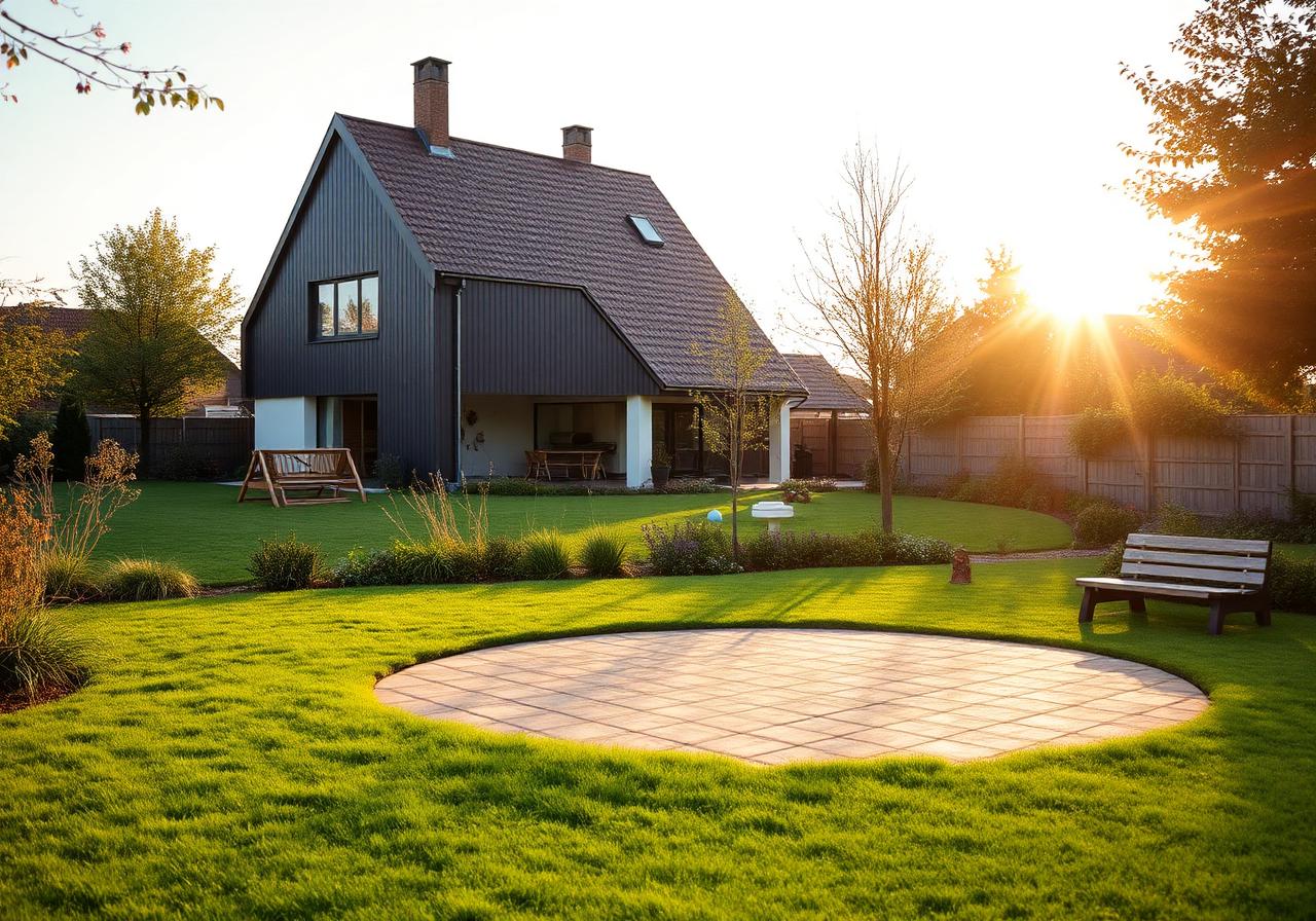 Großer Familiengarten mit Rasen und norddeutschem Einfamilienhaus