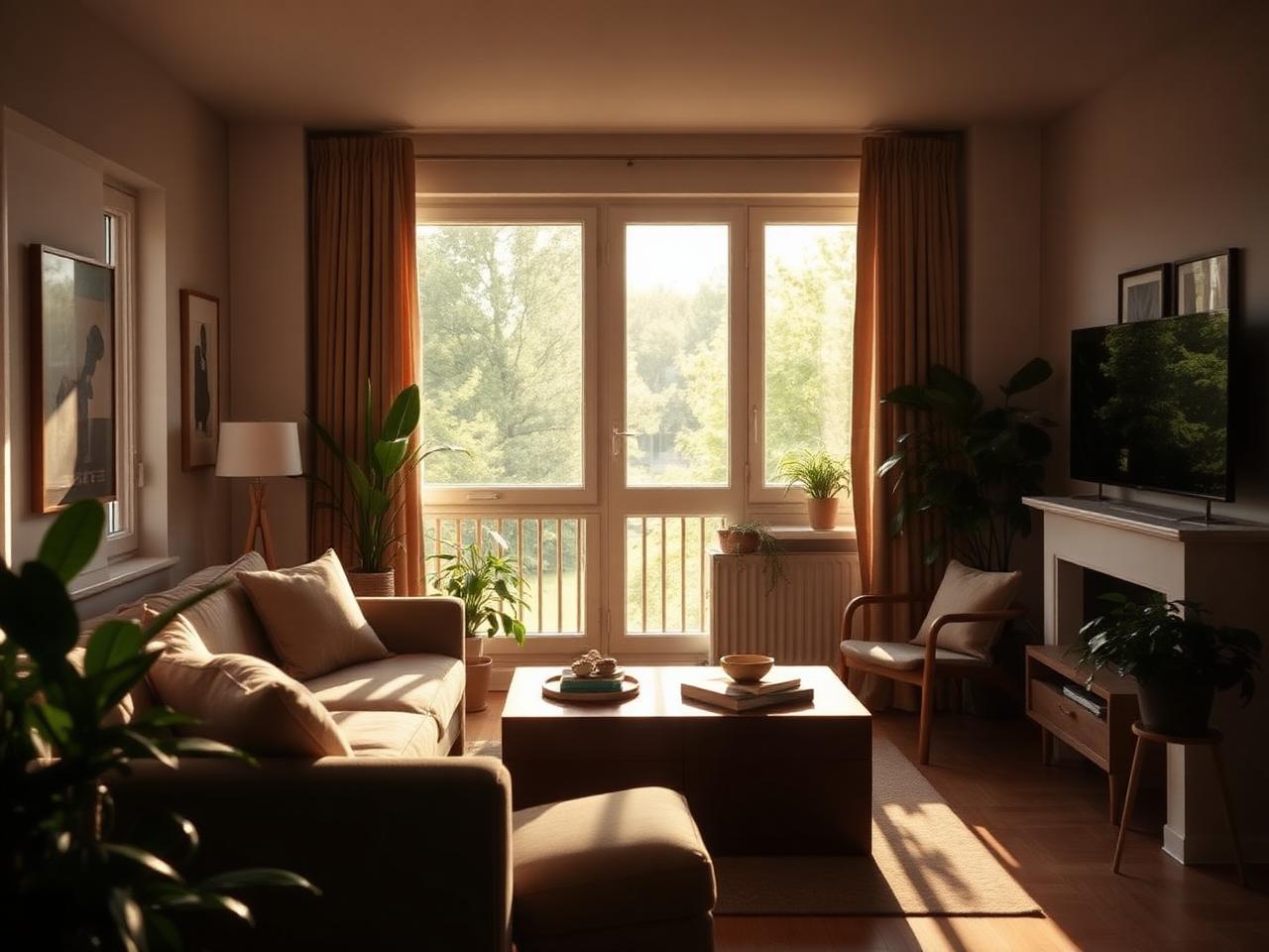 Helles Wohnzimmer mit Blick ins Grüne